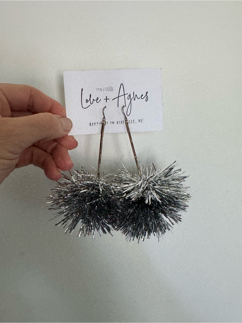 Silver Tinsel Pom Drop Earrings - Picture 2 of 2